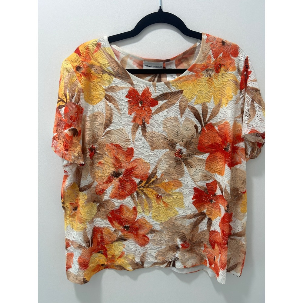 Alfred Dunner Woman Floral Lace Sparkle Beaded Top Orange Yellow Short Sleeve 1X